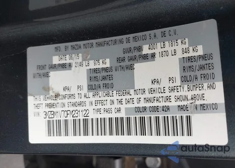 2015 Mazda Mazda3 I Touring из США, поврежденный, VIN 3MZBM1V70FM231122